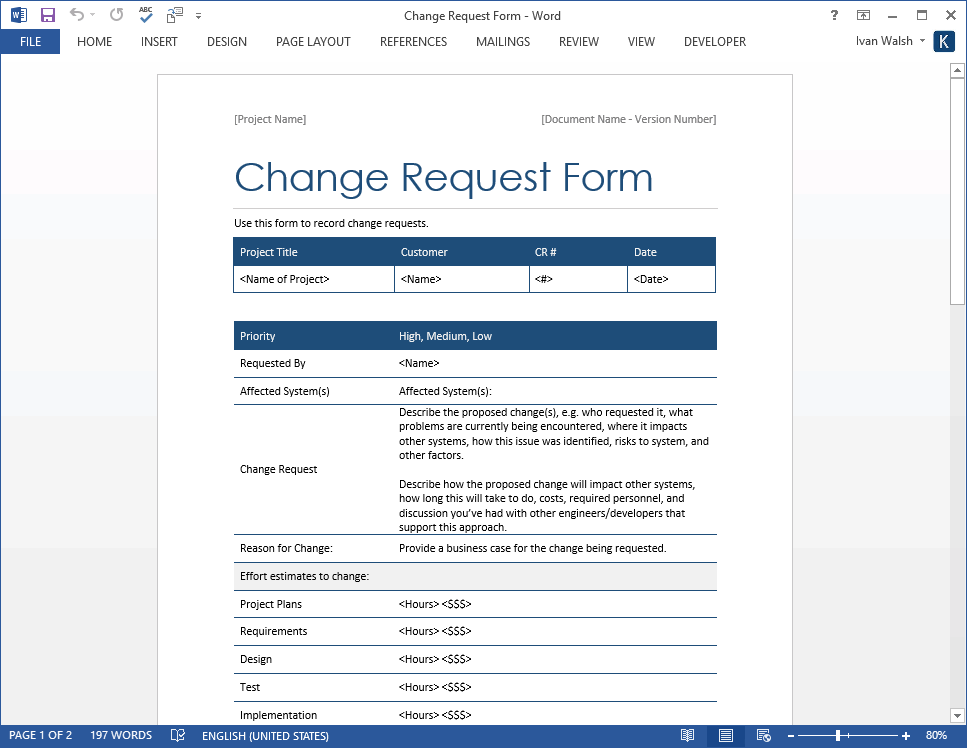 Change Request Form Templates MS Excel/Word Software Testing