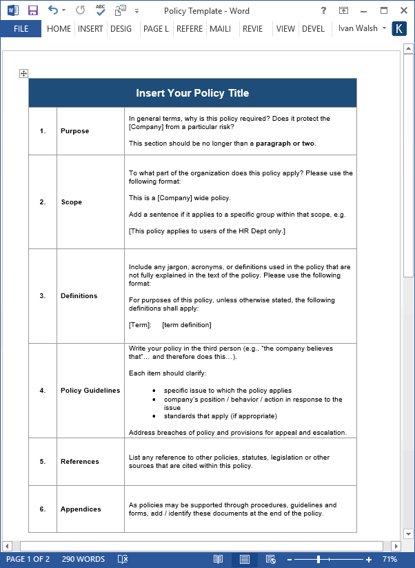 Download Policy & Procedures Manual templates (MS Word 68 pages) with