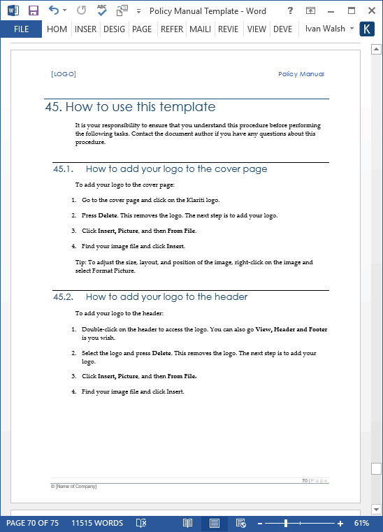 Policy Manual Template – 68 Page MS Word + Free Checklists