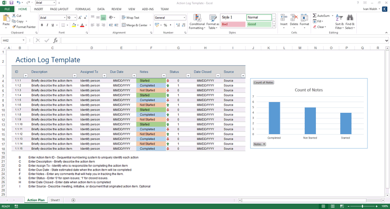 project management action log template excel