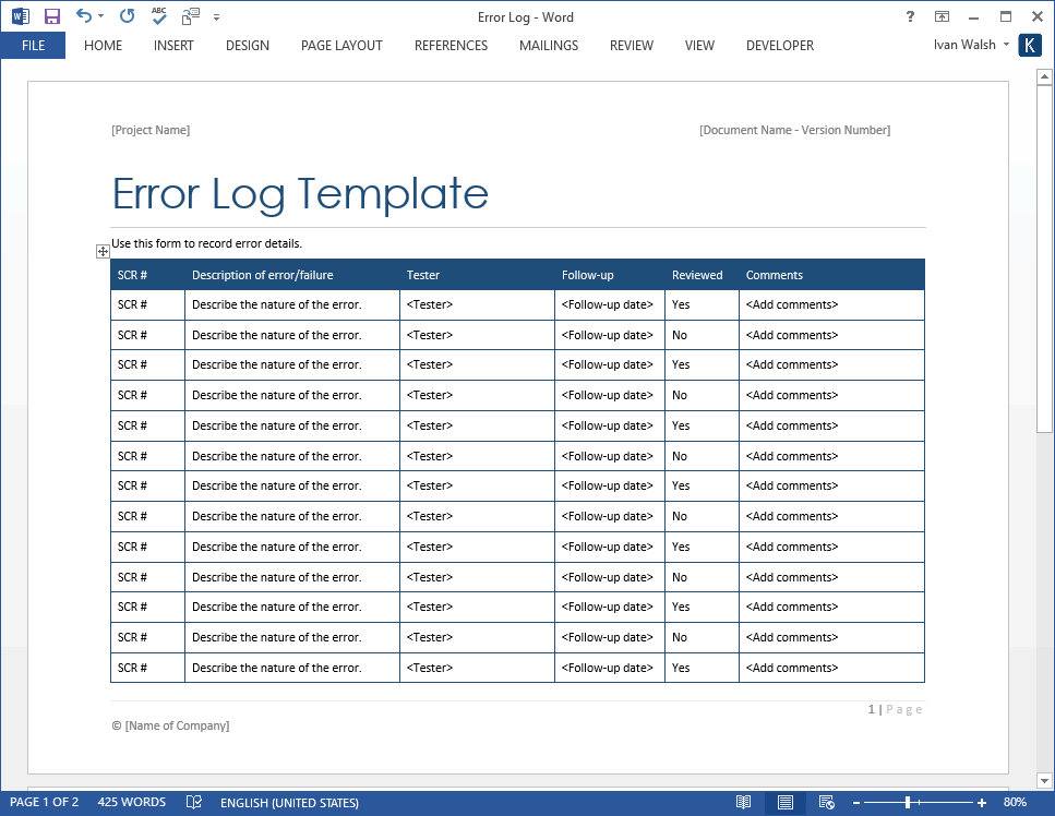 Error Log Template MS Word Software Testing