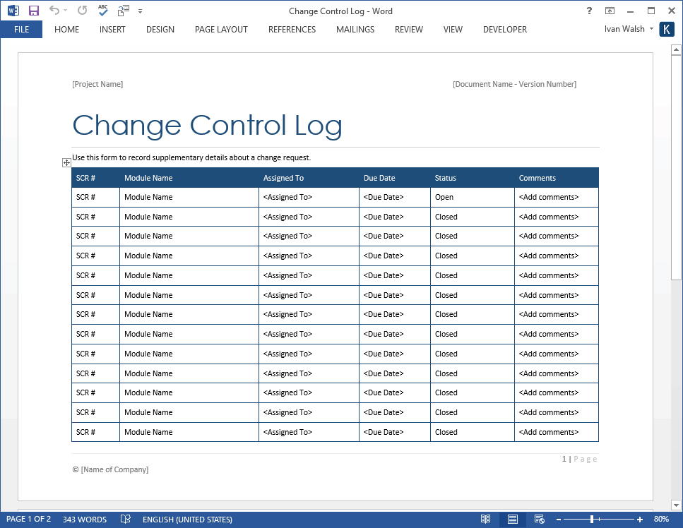 Change Control Log MS Excel/Word Software Testing Template