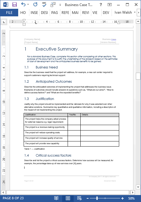 Business Case Template – 22 pages MS Word with Free Sample Materials