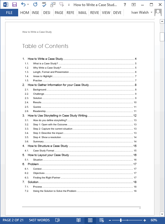 table of contents of case study