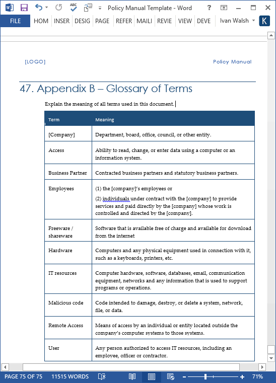 Policy Manual Template (MS Word/Excel) Templates, Forms, Checklists
