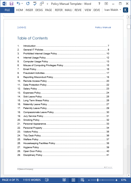 manual table of contents word ....