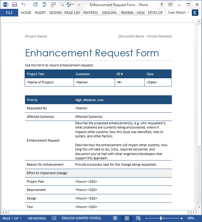 Enhancement Request Form Word Template Software Testing Templates