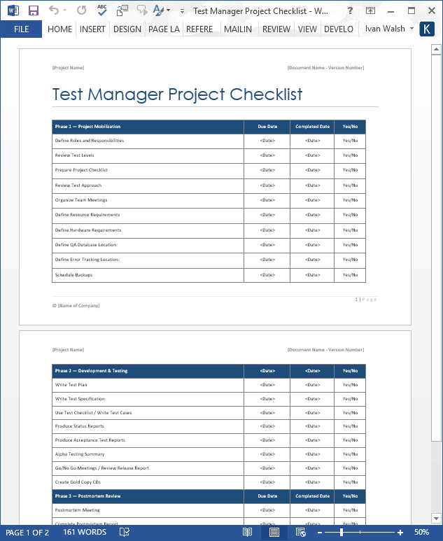 Test Manager Project Checklist MS Word Software Testing