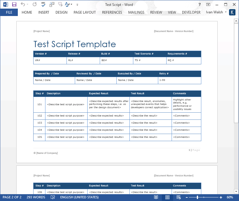 Test Script Template – MS Word