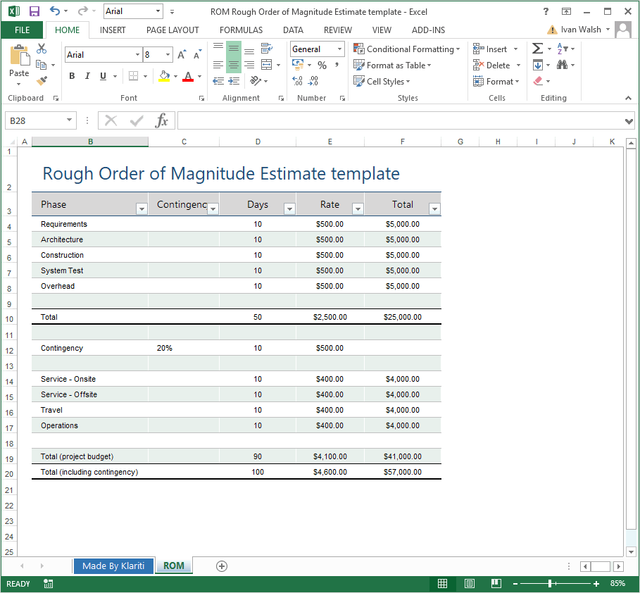 Rough Order of Magnitude (ROM) Estimate Excel template Templates