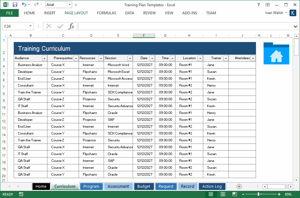 training list template excel