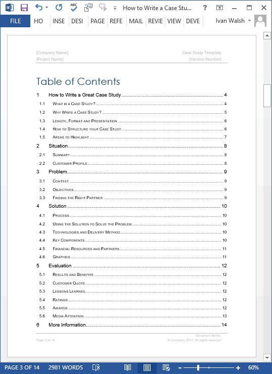 case study table of contents format